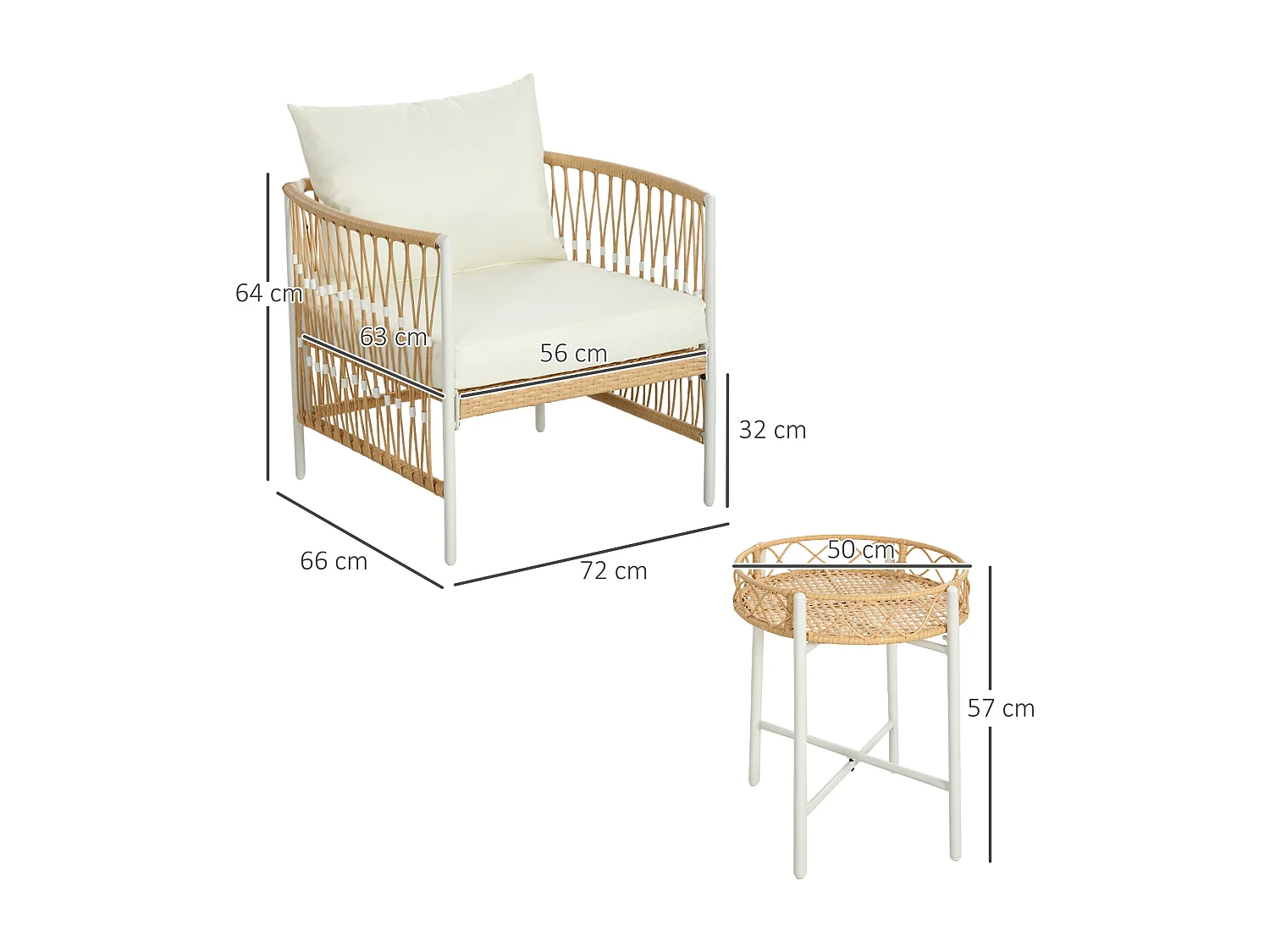 Set da giardino boho con 2 sedie con cuscini e tavolino in rattan