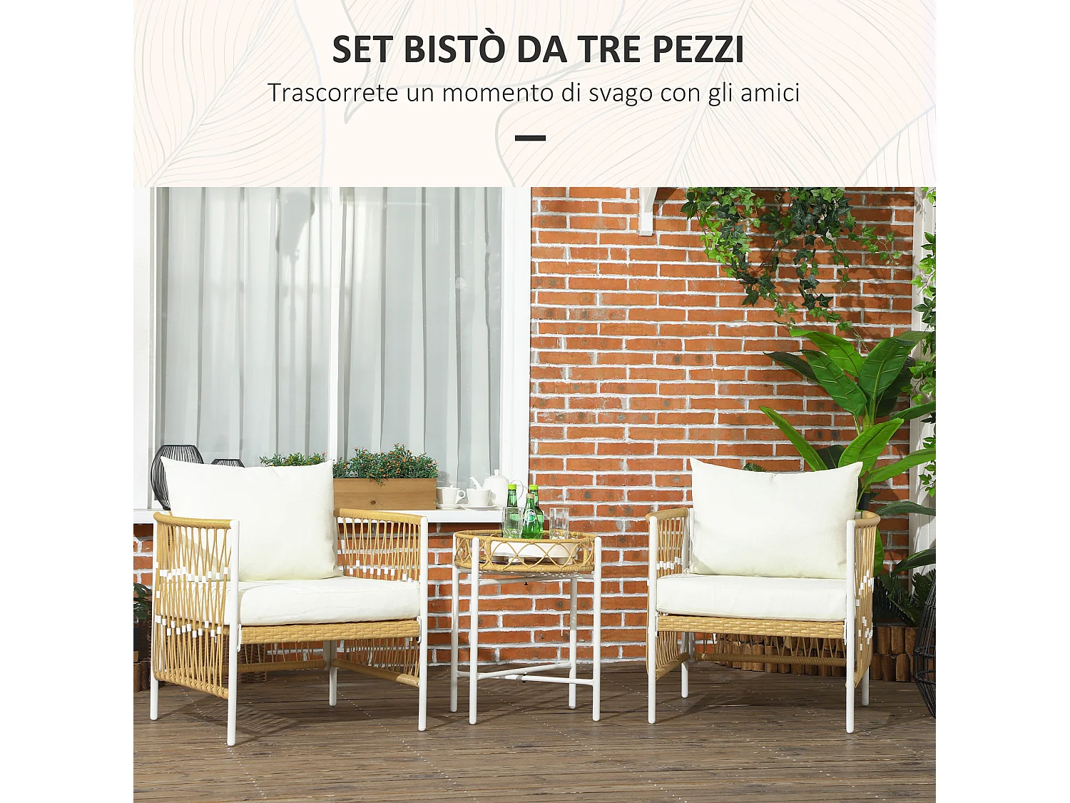 Set da giardino boho con 2 sedie con cuscini e tavolino in rattan