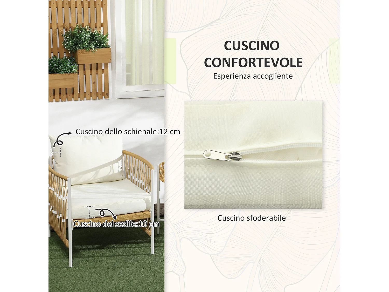 Set da giardino boho con 2 sedie con cuscini e tavolino in rattan