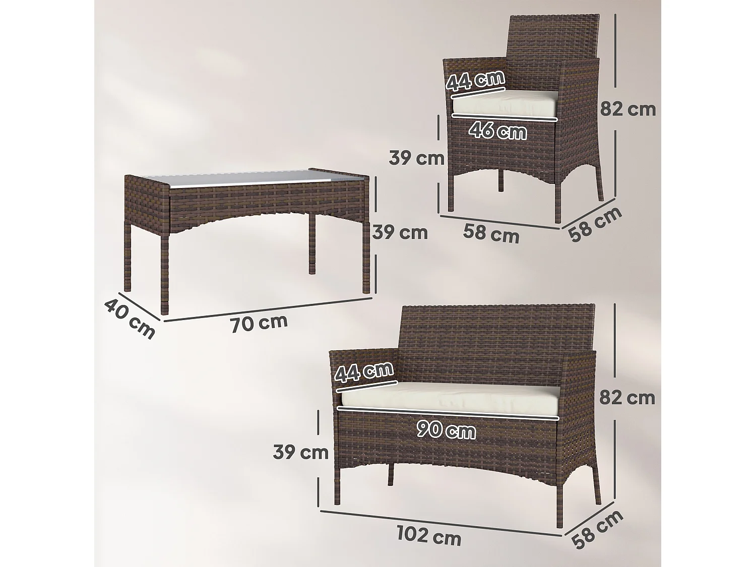 Set da giardino 4pz con divanetto 2 sedie e tavolino beige e marrone