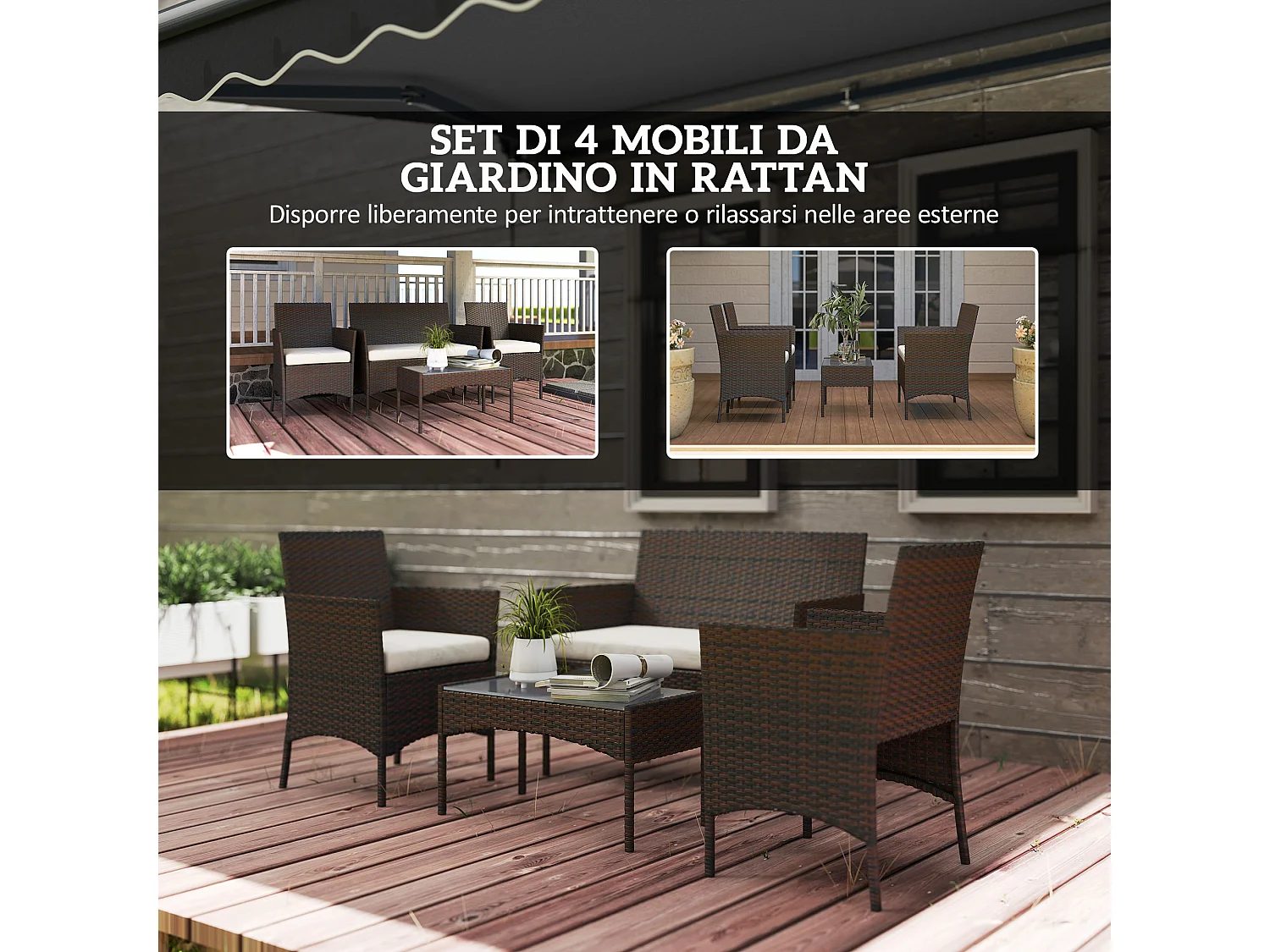 Set da giardino 4pz con divanetto 2 sedie e tavolino beige e marrone