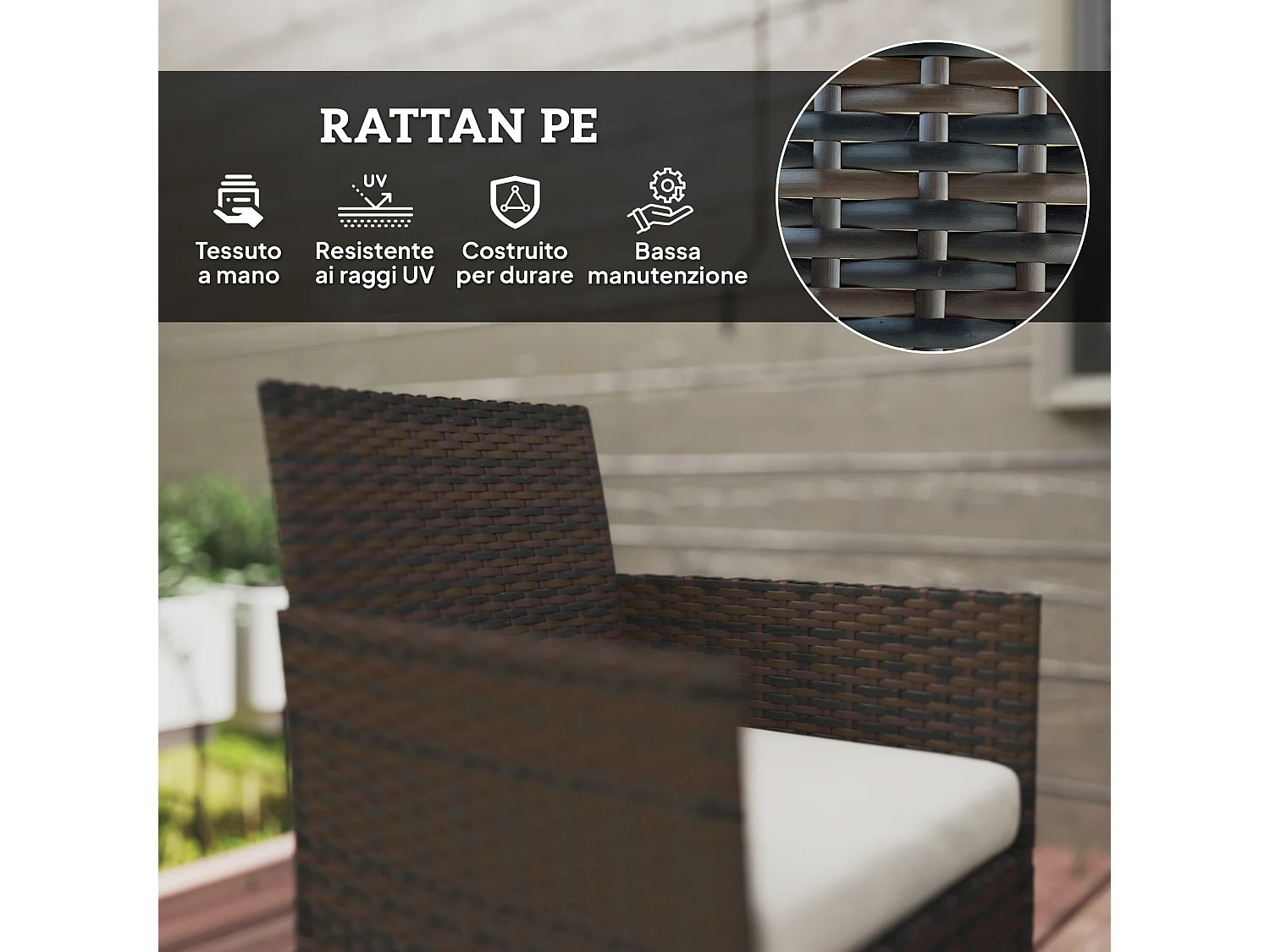 Set da giardino 4pz con divanetto 2 sedie e tavolino beige e marrone