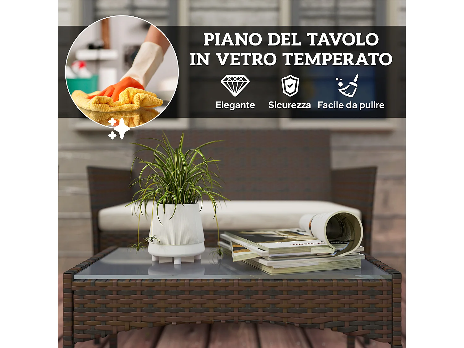 Set da giardino 4pz con divanetto 2 sedie e tavolino beige e marrone