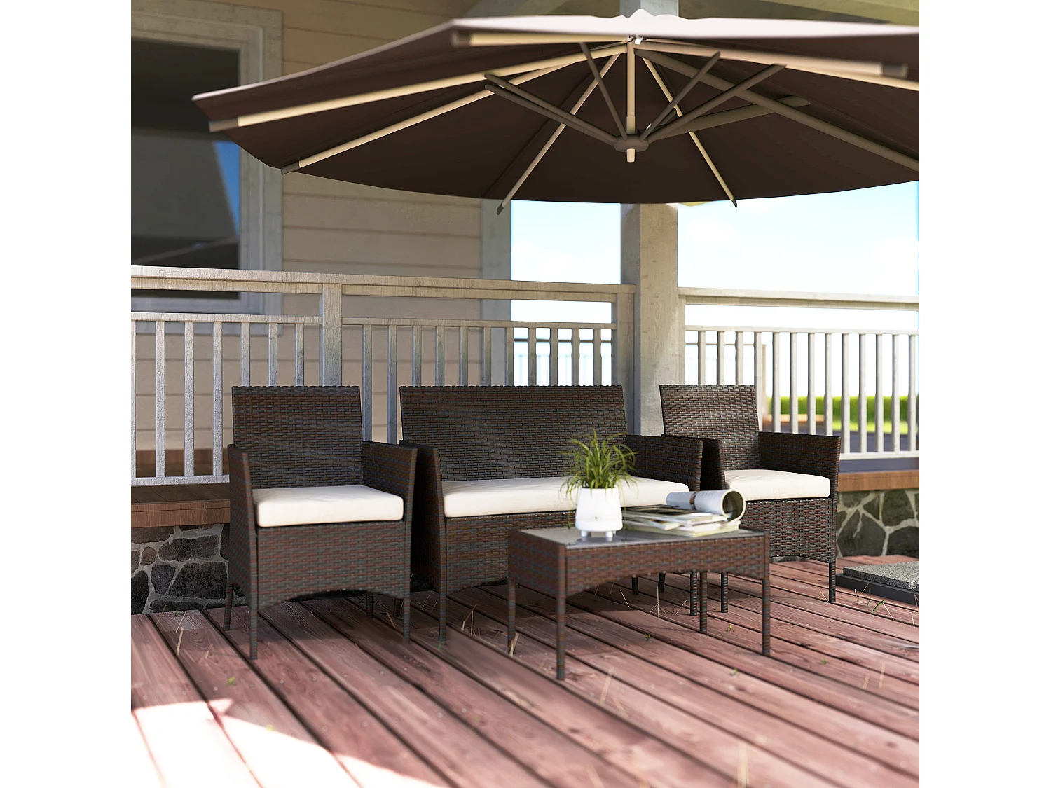 Set da giardino 4pz con divanetto 2 sedie e tavolino beige e marrone