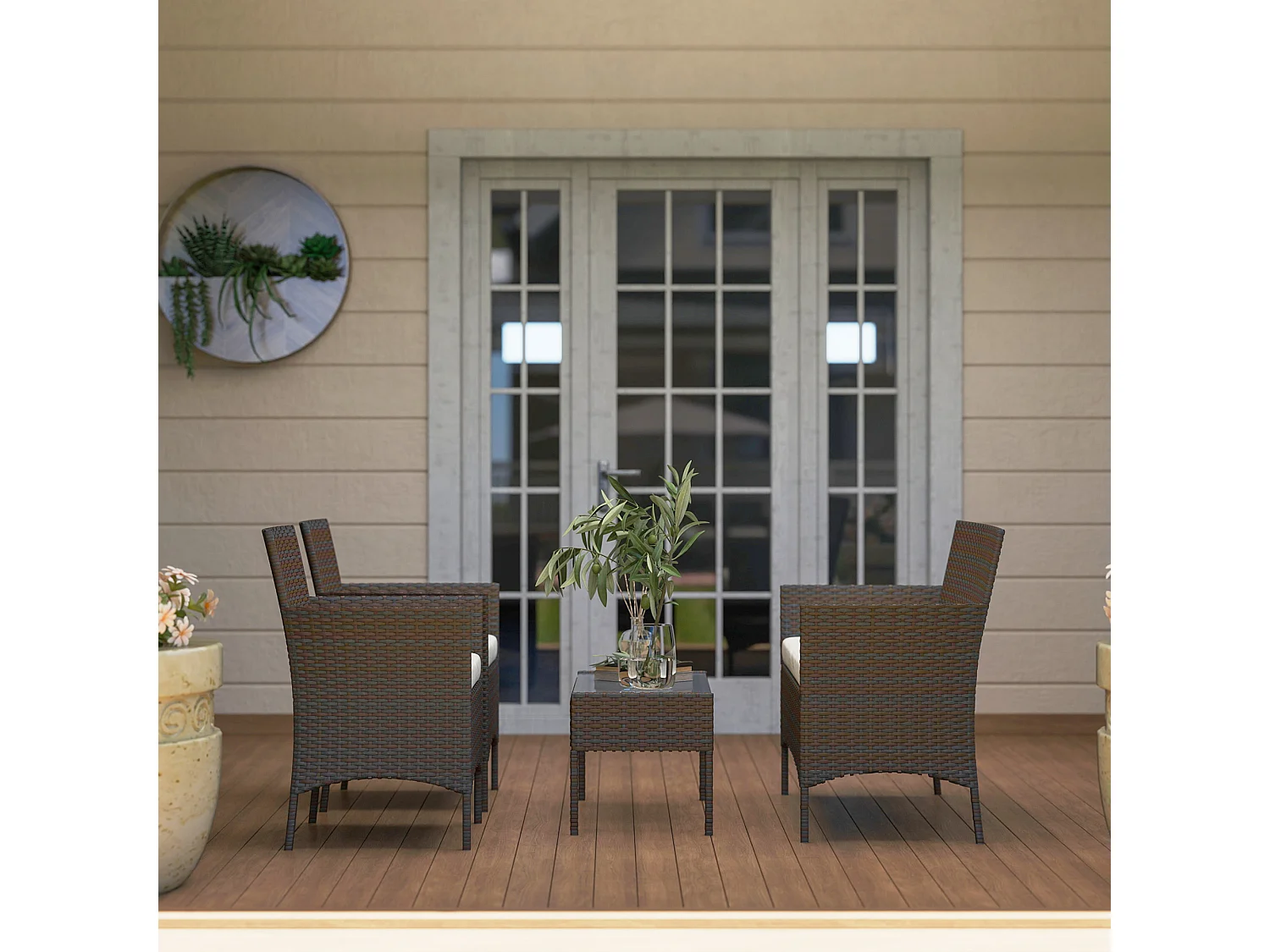 Set da giardino 4pz con divanetto 2 sedie e tavolino beige e marrone