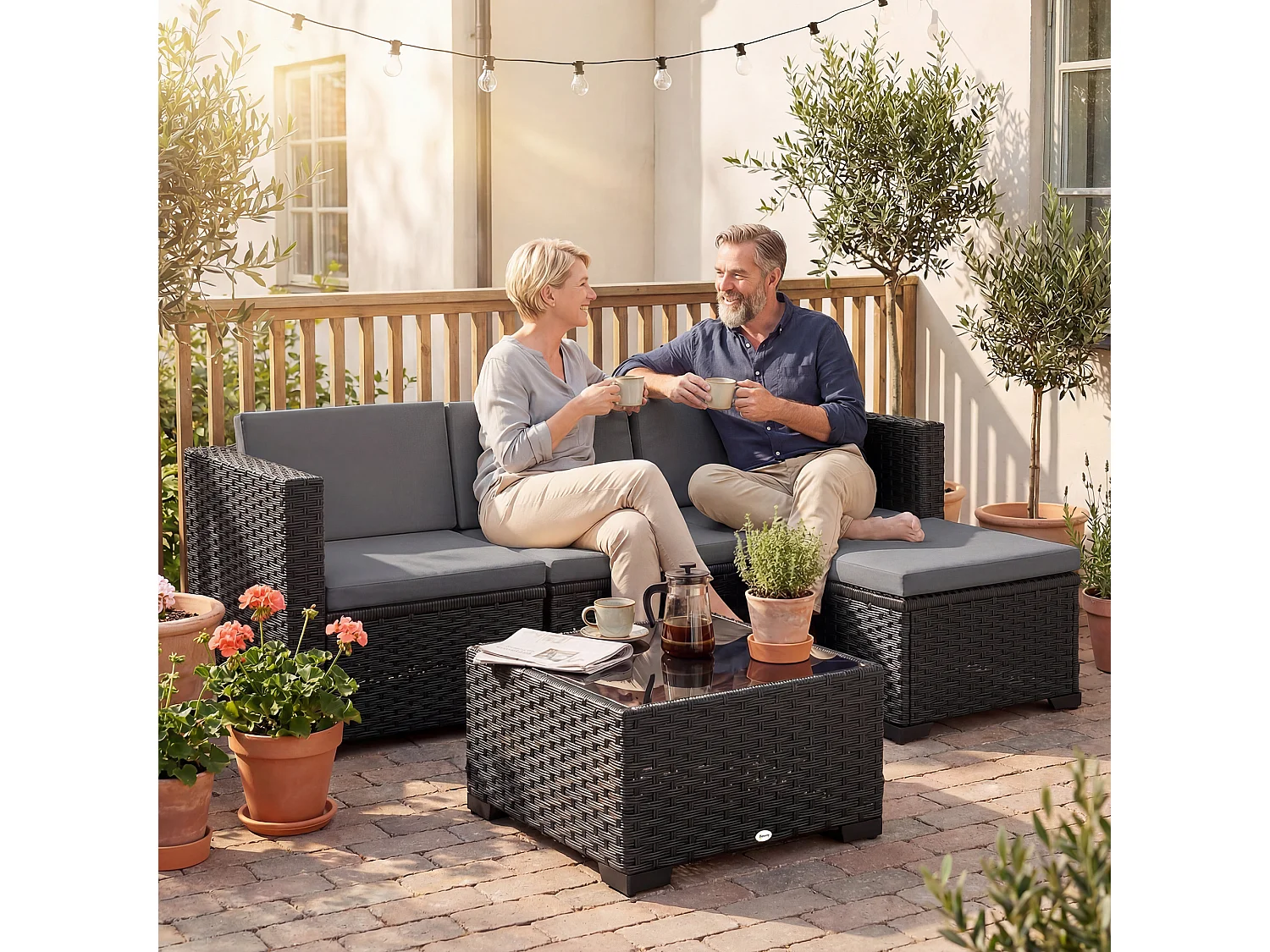 Set mobili da giardino 5 pezzi modulare in vimini grigio