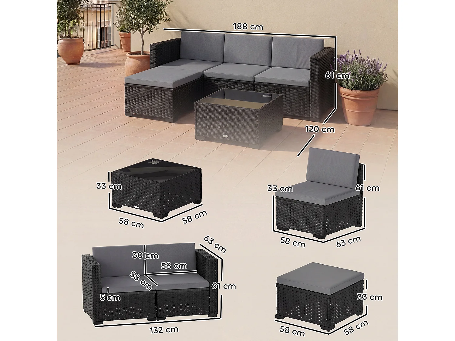 Set mobili da giardino 5 pezzi modulare in vimini grigio