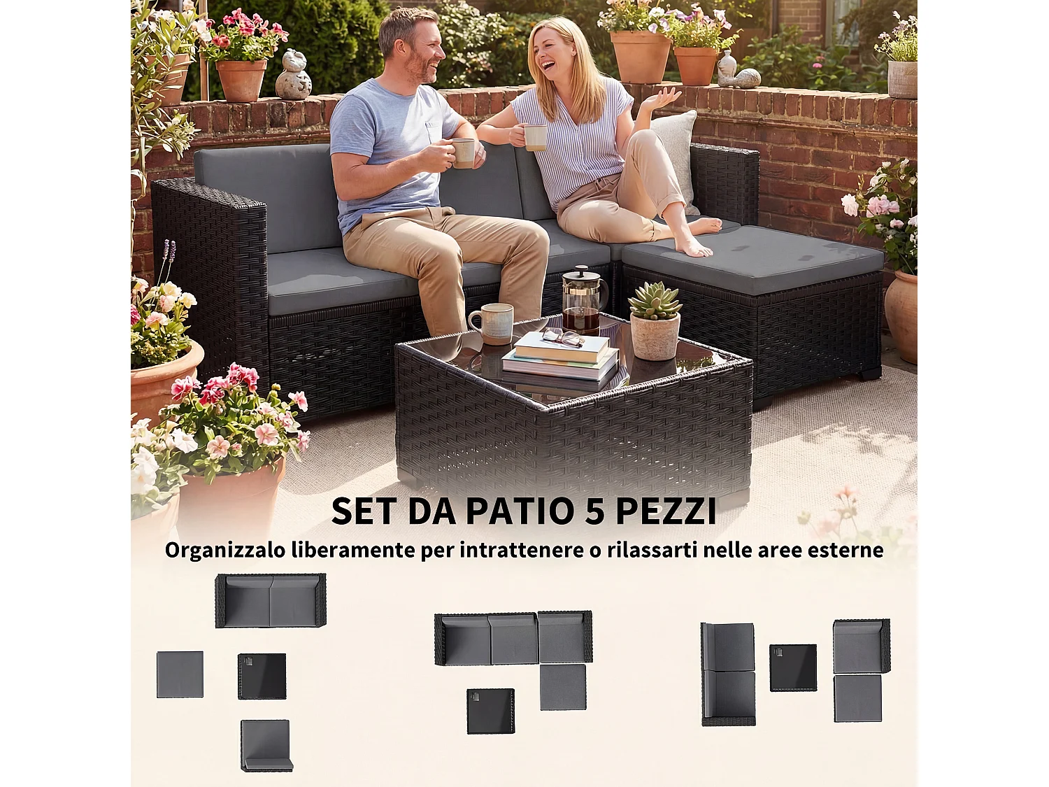 Set mobili da giardino 5 pezzi modulare in vimini grigio