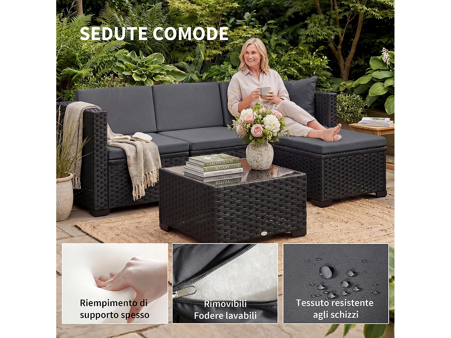 Set mobili da giardino 5 pezzi modulare in vimini grigio