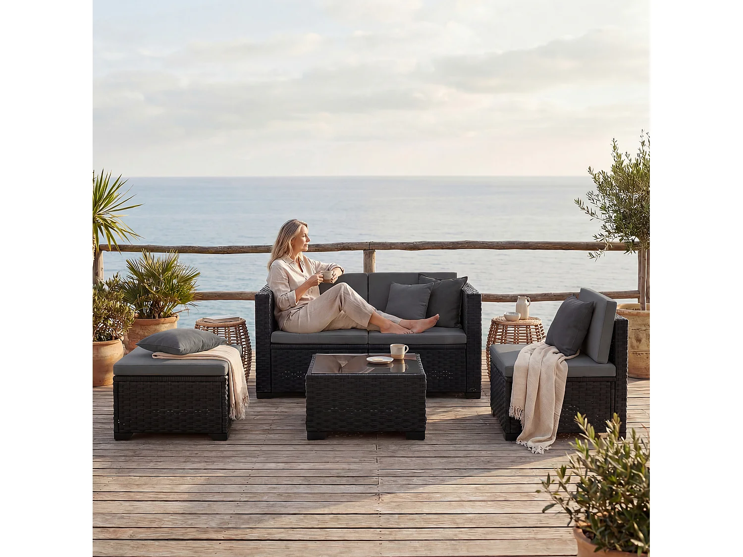 Set mobili da giardino 5 pezzi modulare in vimini grigio