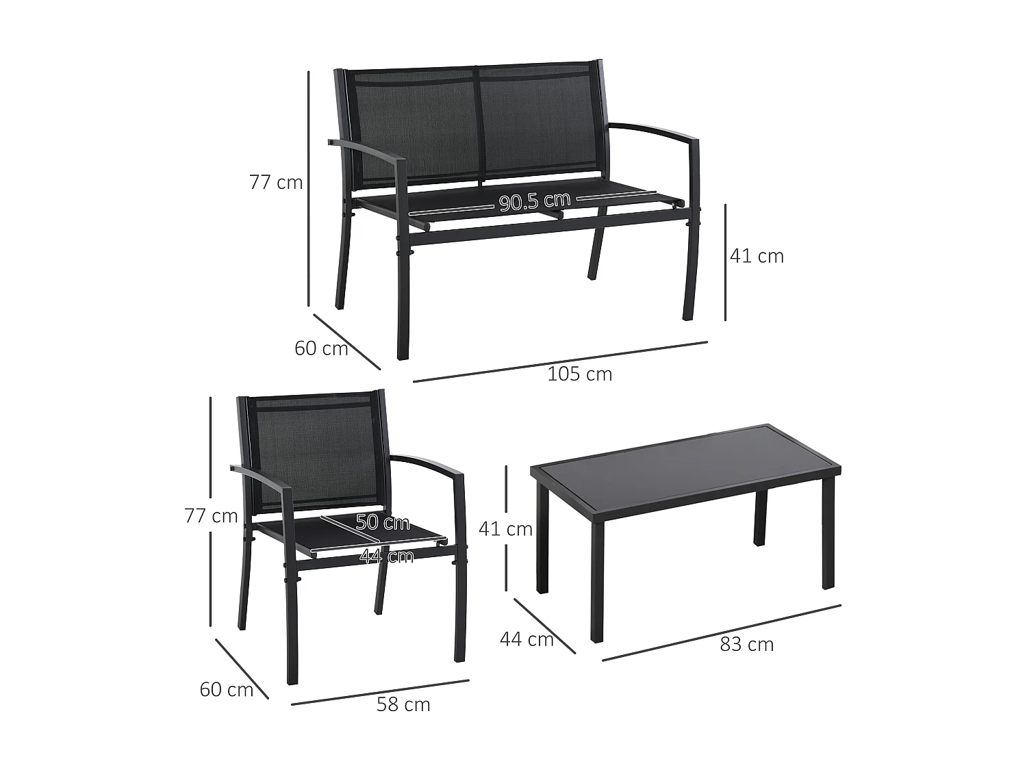 Set Salotto da Esterno 4 Pezzi con Tavolino 2 Sedie e Panchina in Metallo