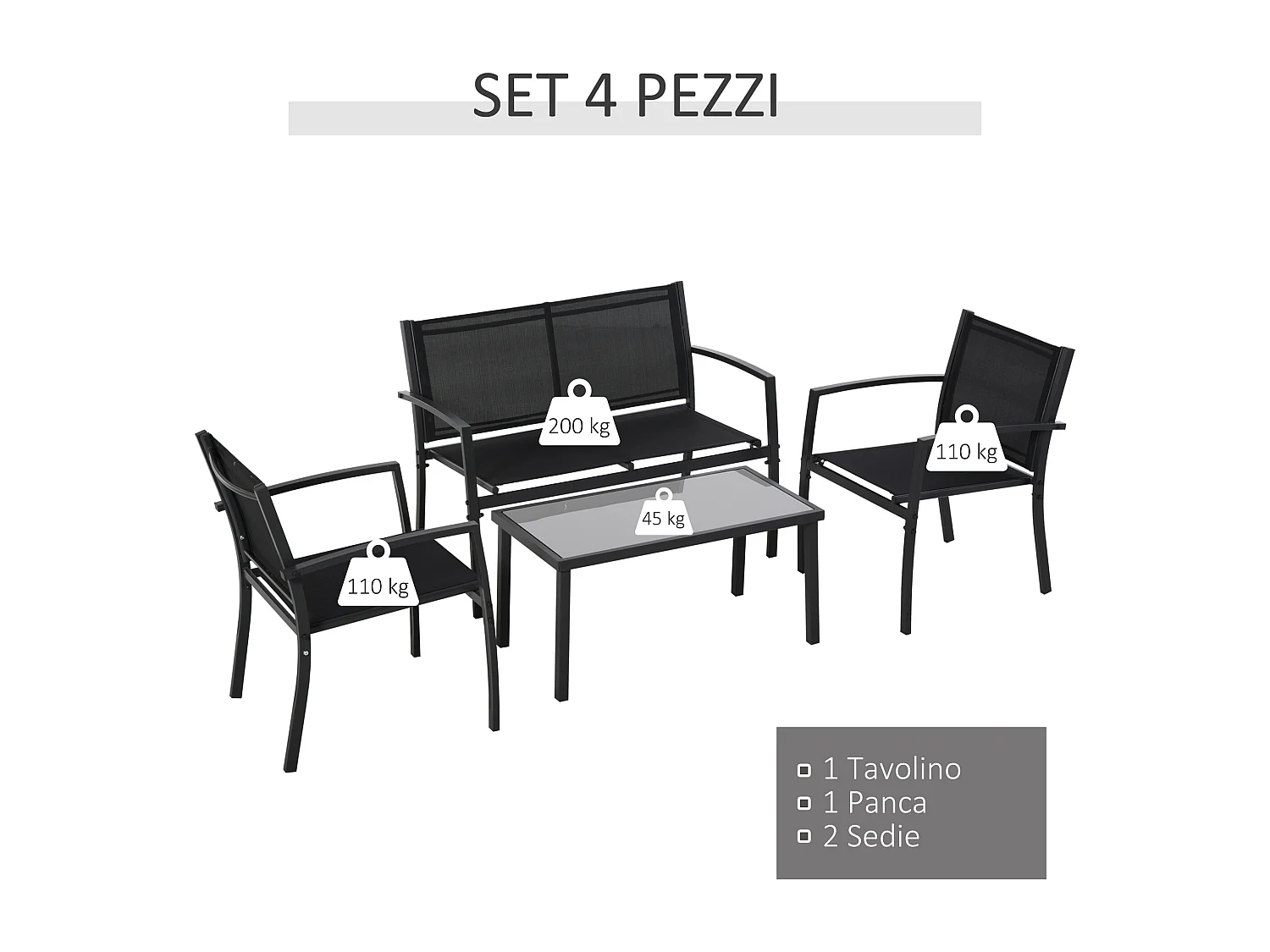 Set Salotto da Esterno 4 Pezzi con Tavolino 2 Sedie e Panchina in Metallo