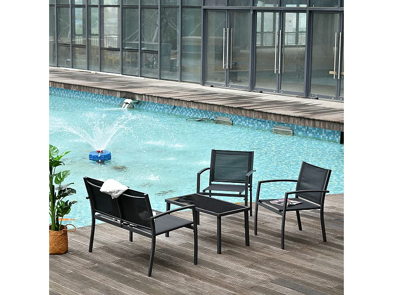 Set Salotto da Esterno 4 Pezzi con Tavolino 2 Sedie e Panchina in Metallo