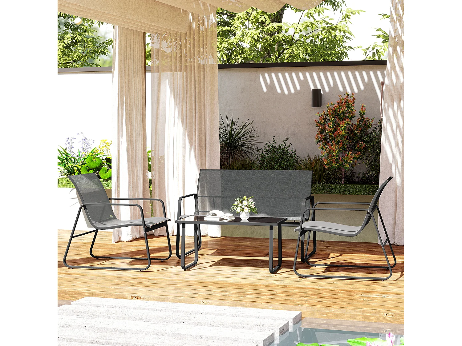 Set da esterno 4pz con tavolino, panchina e 2 sedie grigio chiaro
