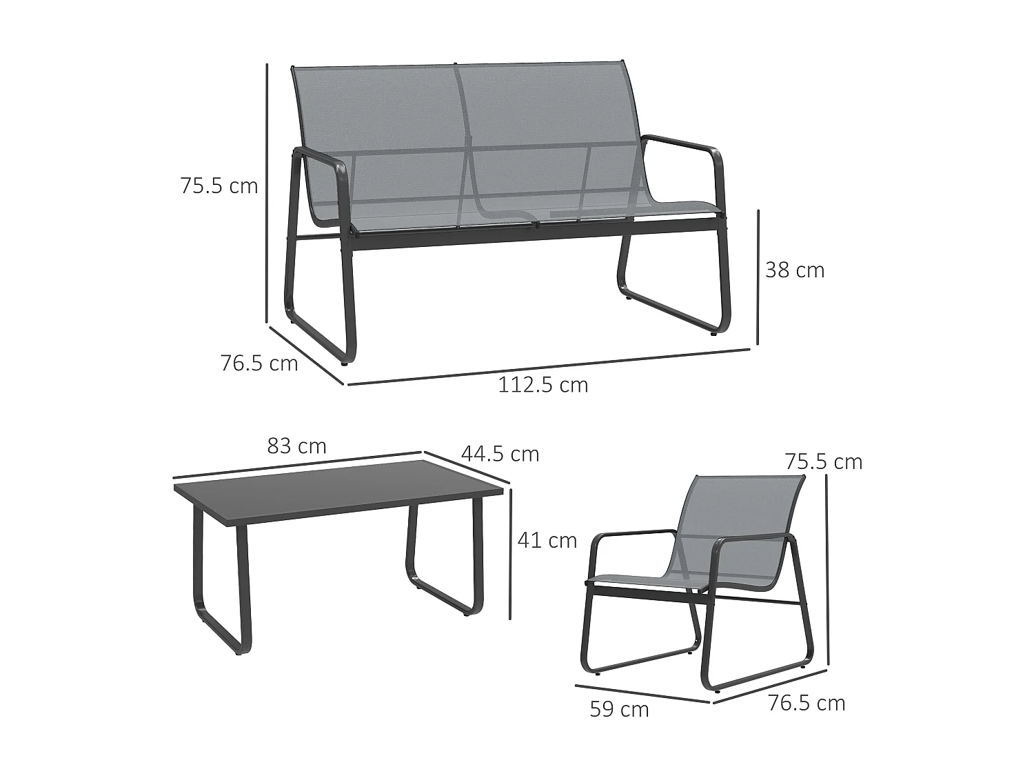 Set da esterno 4pz con tavolino, panchina e 2 sedie grigio chiaro