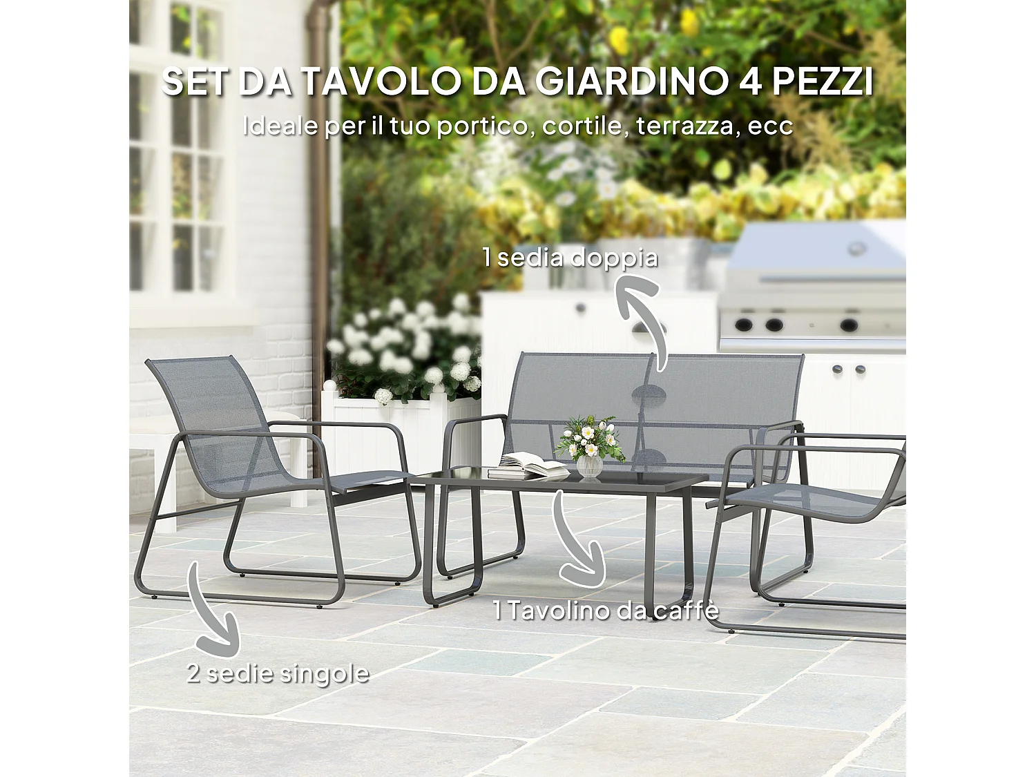 Set da esterno 4pz con tavolino, panchina e 2 sedie grigio chiaro
