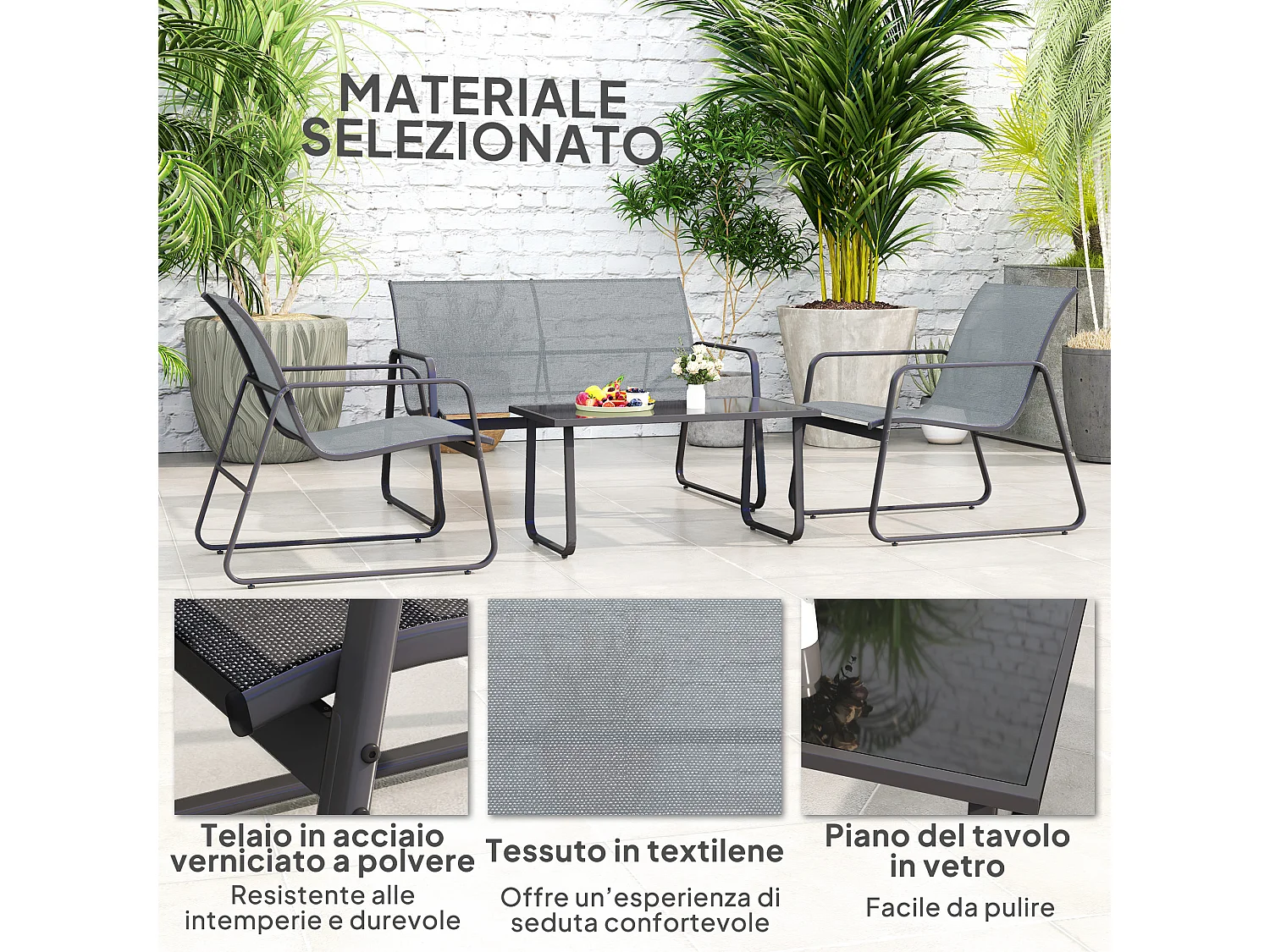 Set da esterno 4pz con tavolino, panchina e 2 sedie grigio chiaro