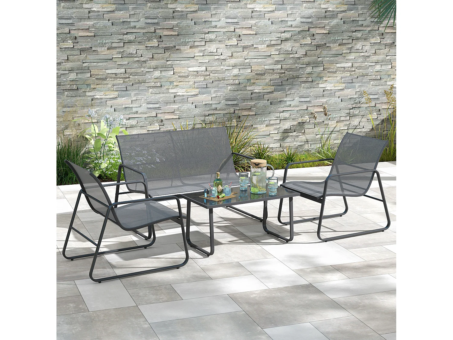 Set da esterno 4pz con tavolino, panchina e 2 sedie grigio chiaro