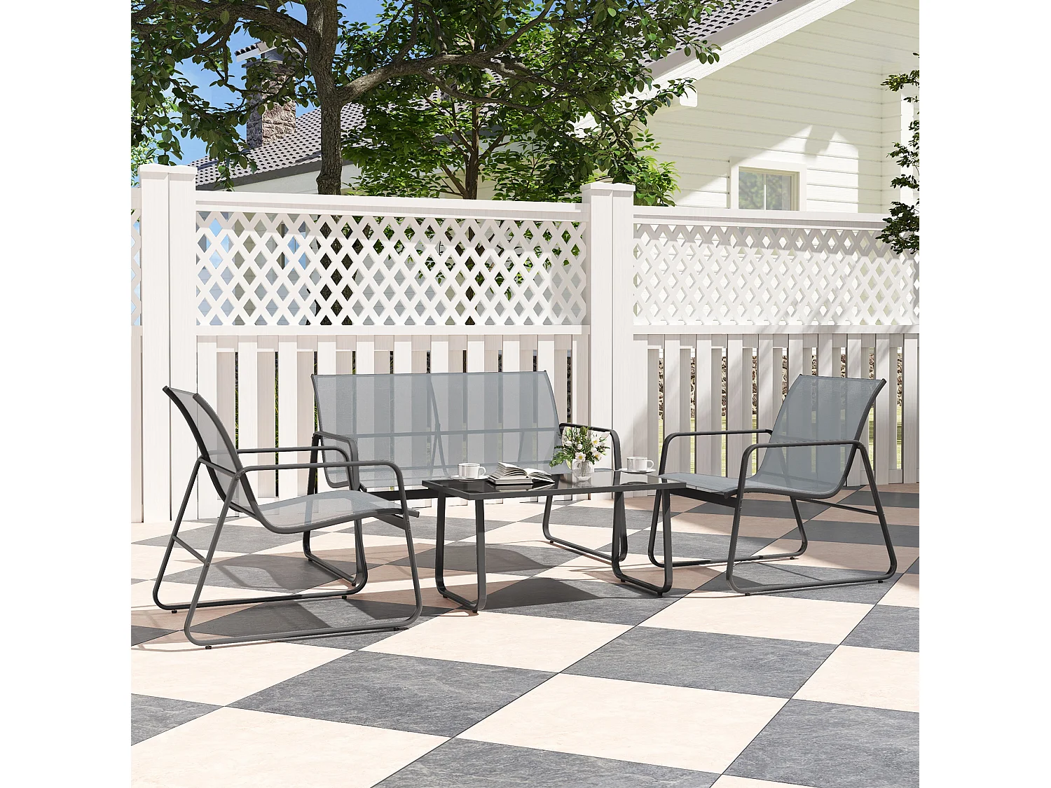 Set da esterno 4pz con tavolino, panchina e 2 sedie grigio chiaro
