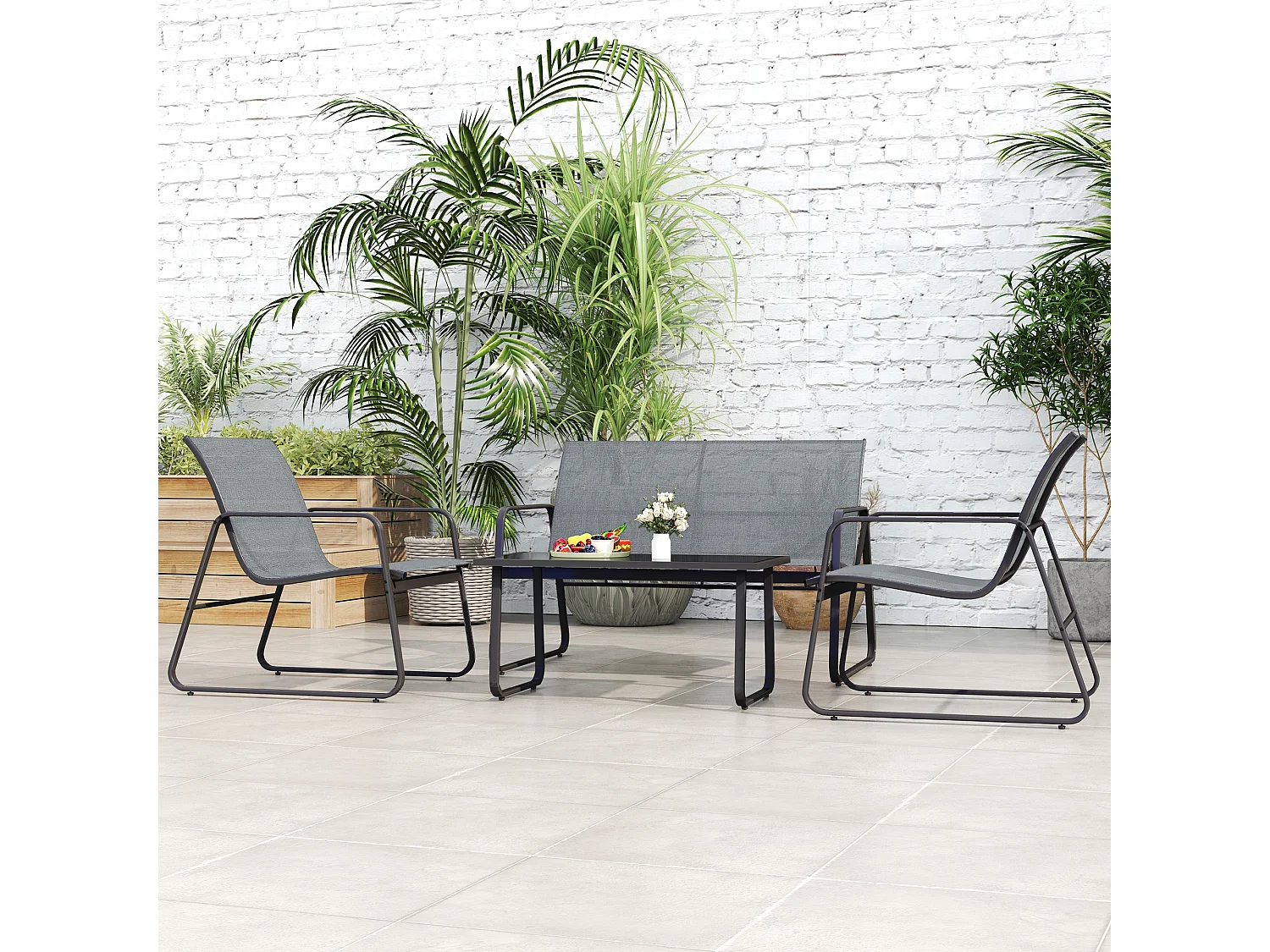 Set da esterno 4pz con tavolino, panchina e 2 sedie grigio chiaro