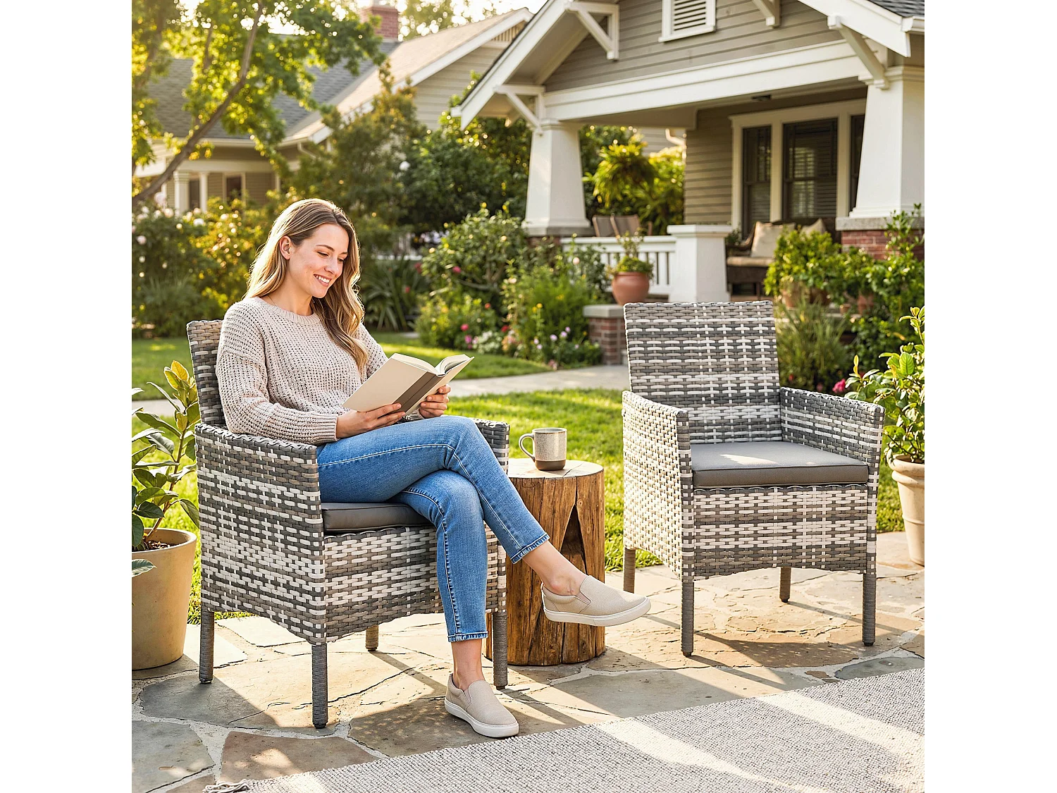 Set 2 sedie da giardino in rattan con cuscini grigio