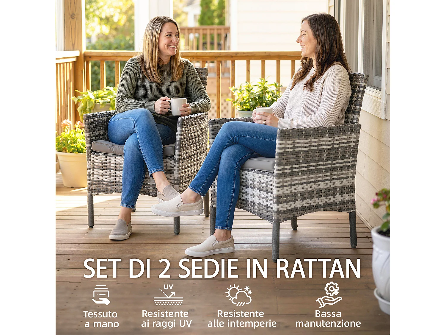 Set 2 sedie da giardino in rattan con cuscini grigio