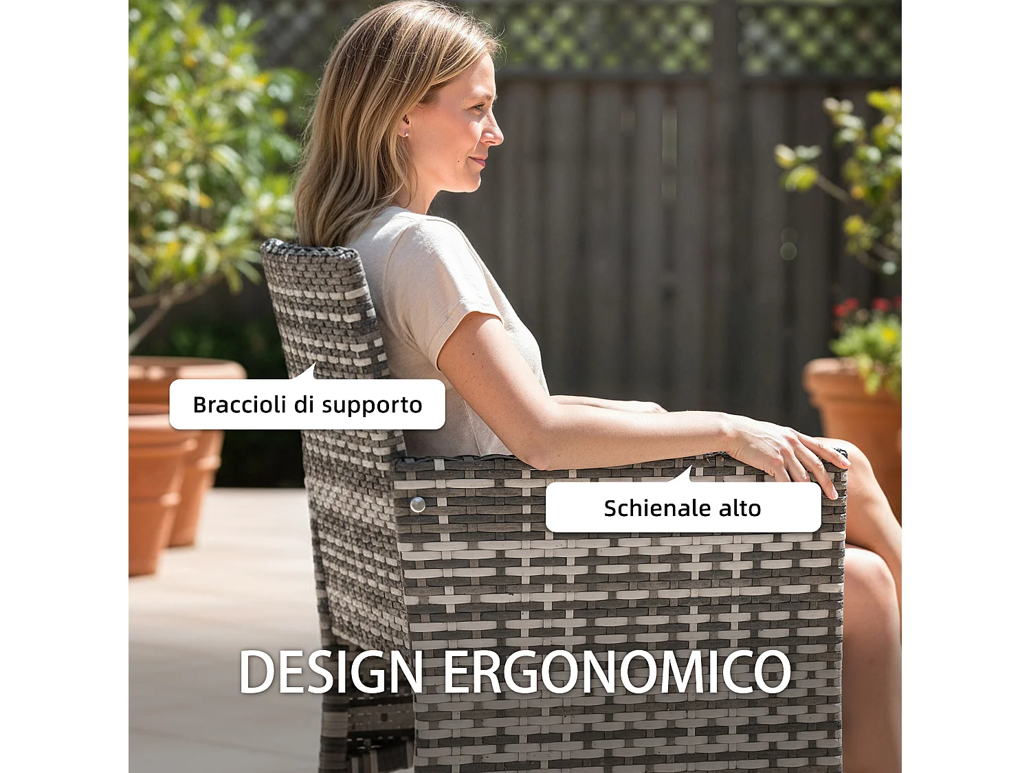 Set 2 sedie da giardino in rattan con cuscini grigio