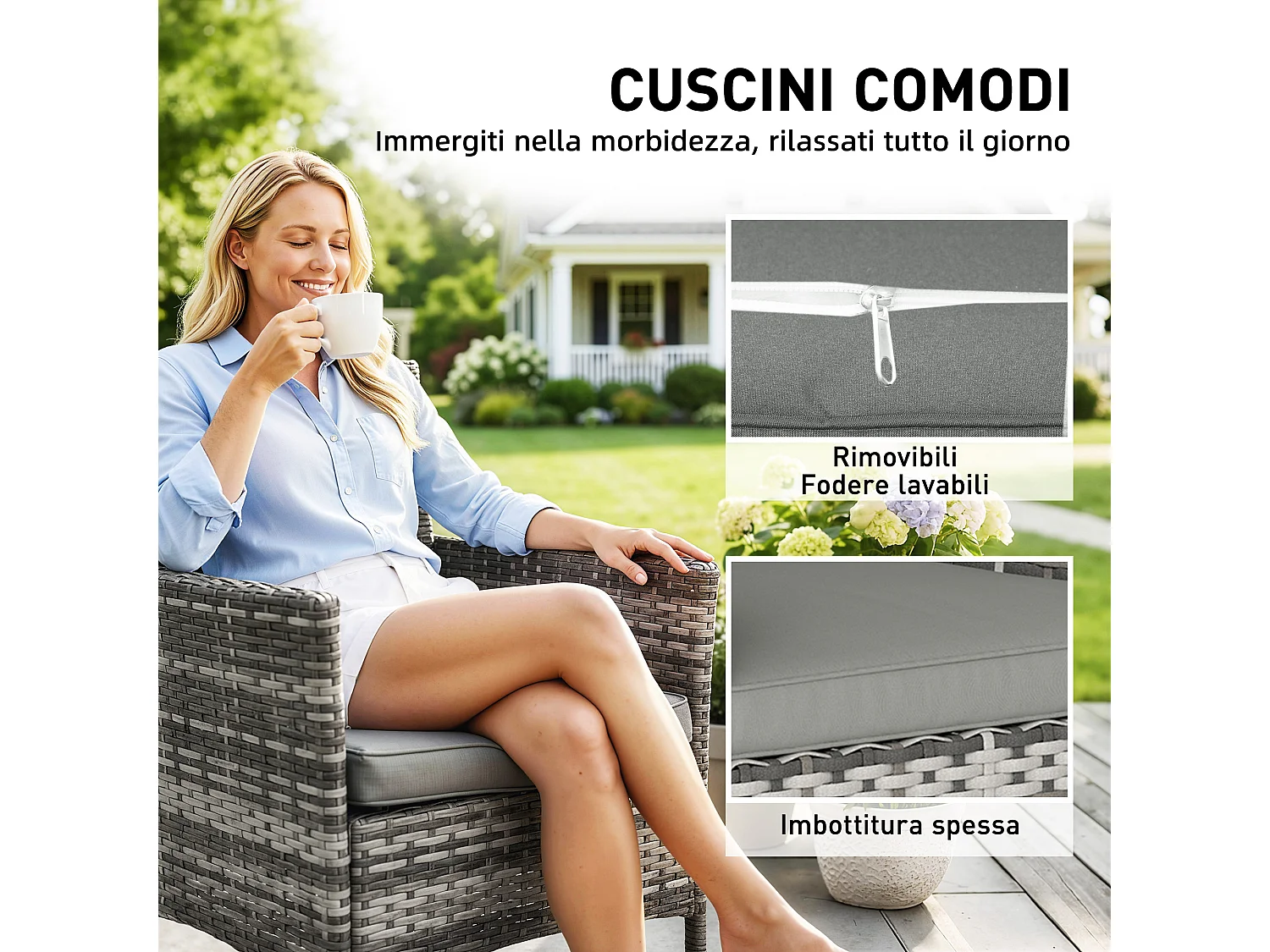 Set 2 sedie da giardino in rattan con cuscini grigio