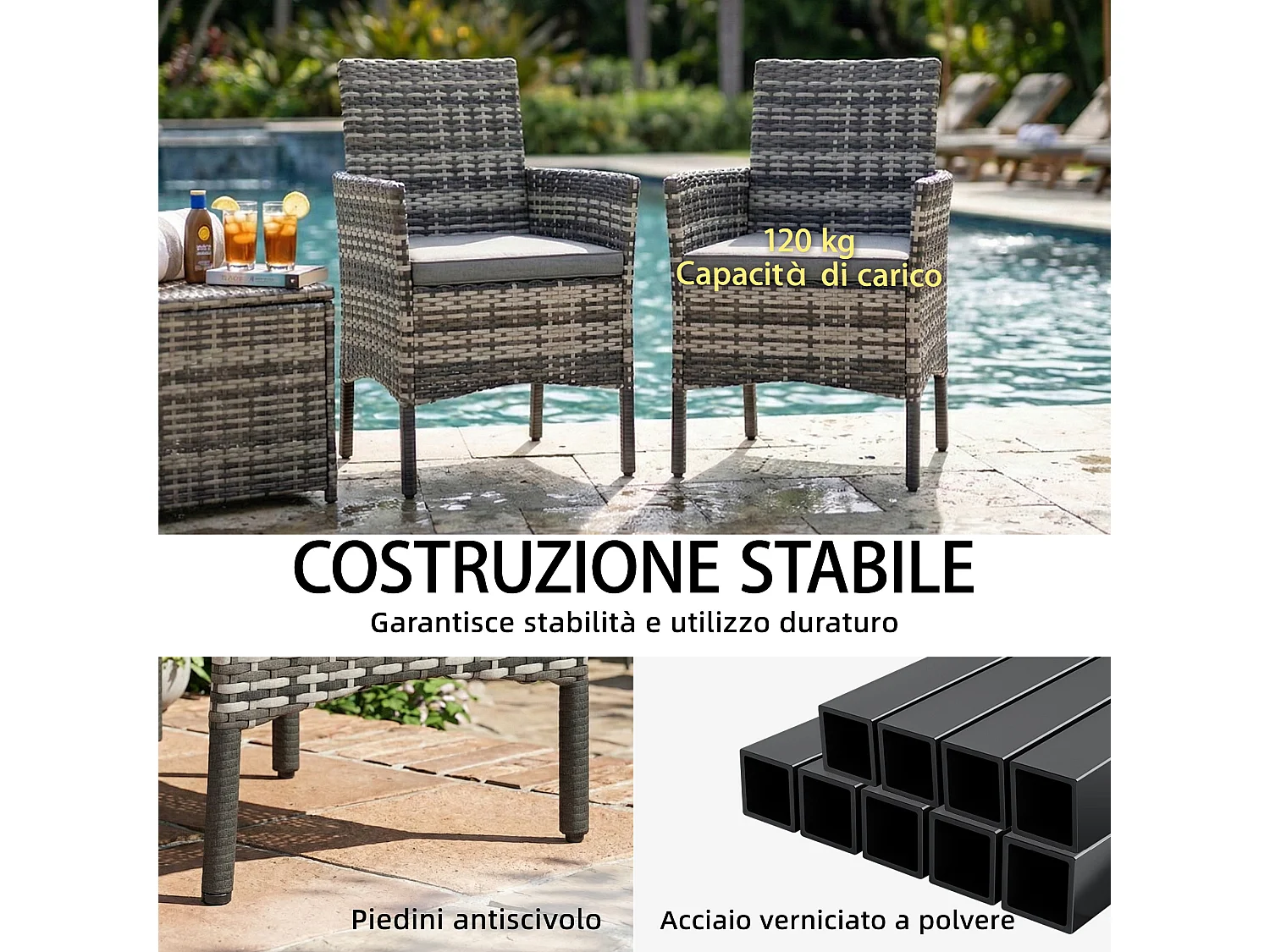 Set 2 sedie da giardino in rattan con cuscini grigio
