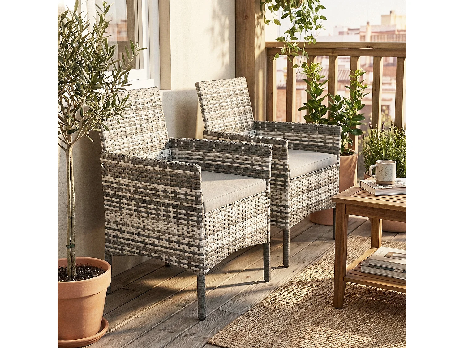 Set 2 sedie da giardino in rattan con cuscini grigio