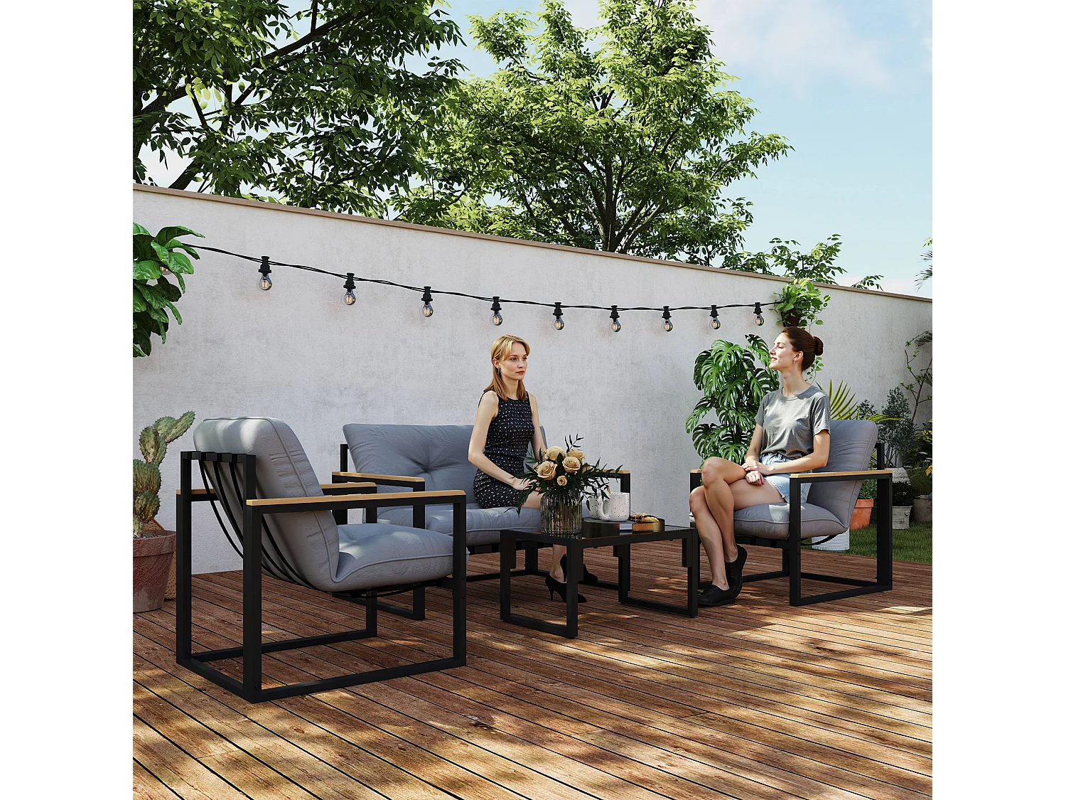 Set da giardino 4 pezzi con 2 sedie divanetto e tavolino grigio e nero