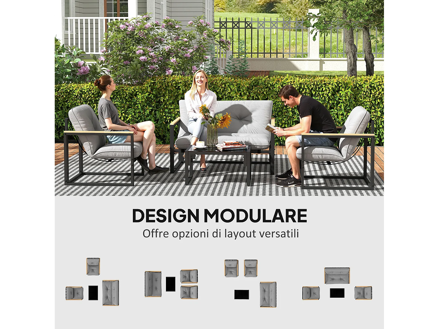 Set da giardino 4 pezzi con 2 sedie divanetto e tavolino grigio e nero