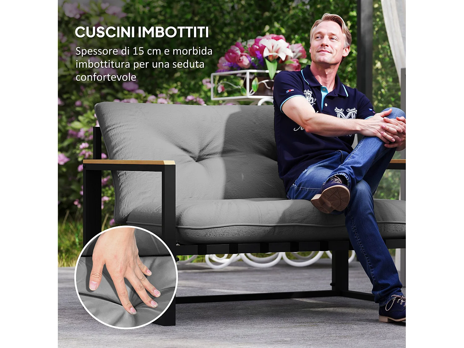 Set da giardino 4 pezzi con 2 sedie divanetto e tavolino grigio e nero