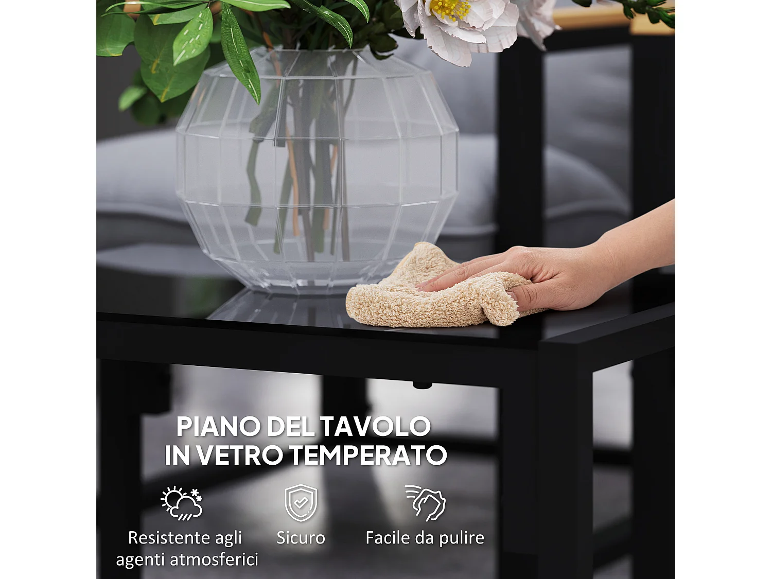 Set da giardino 4 pezzi con 2 sedie divanetto e tavolino grigio e nero