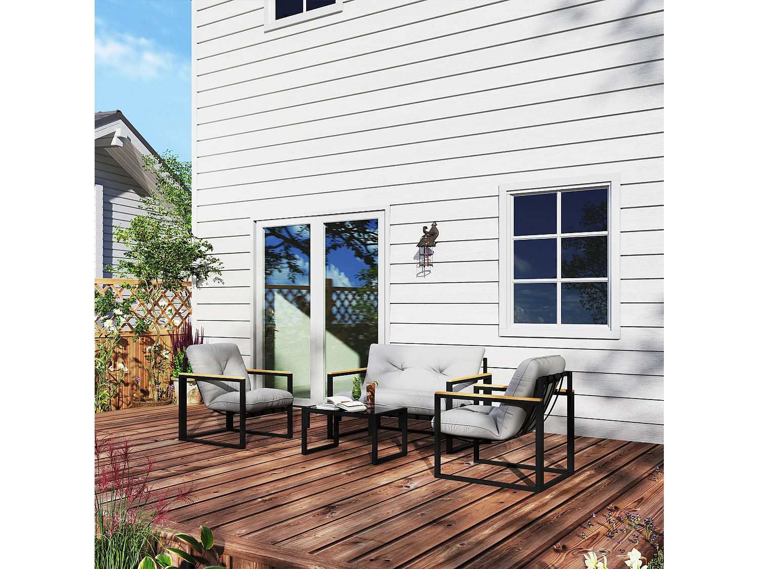 Set da giardino 4 pezzi con 2 sedie divanetto e tavolino grigio e nero