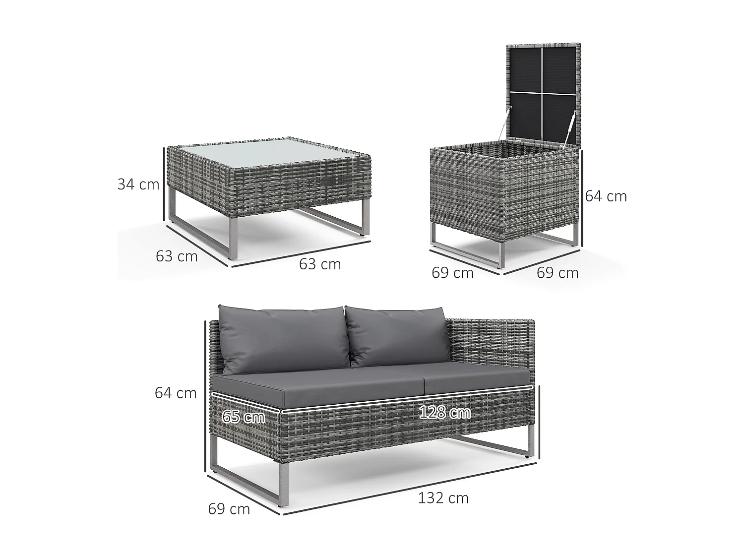 Set da giardino 4pz con 2 divani 2 posti e 2 tavolini grigio e argento