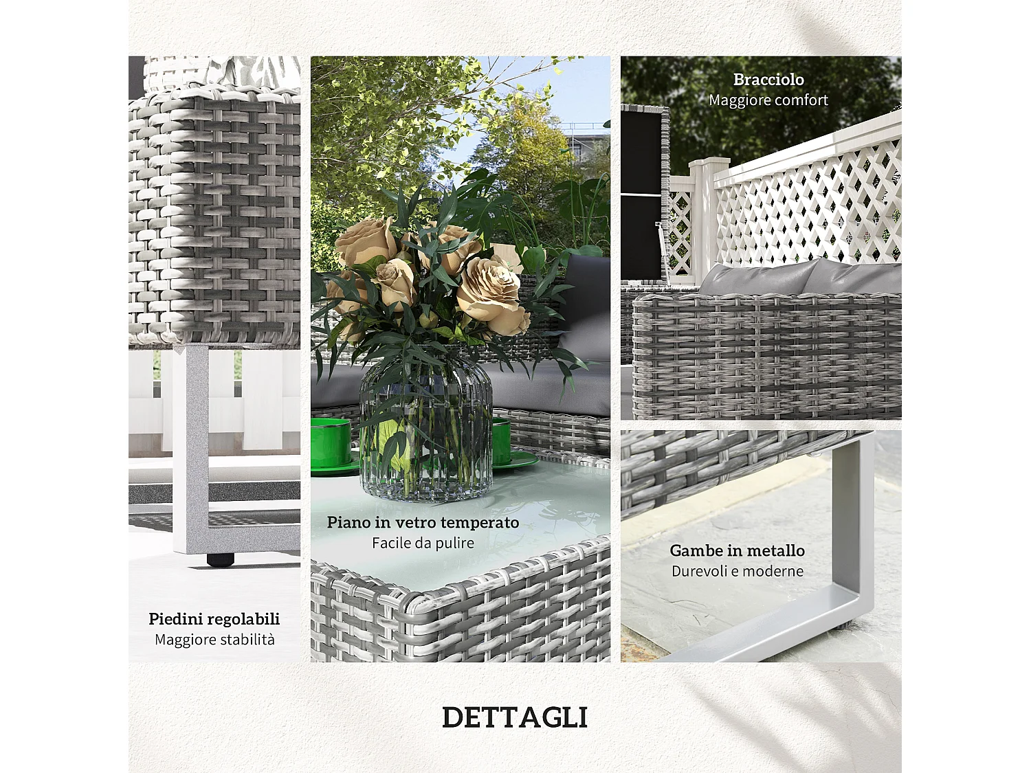 Set da giardino 4pz con 2 divani 2 posti e 2 tavolini grigio e argento