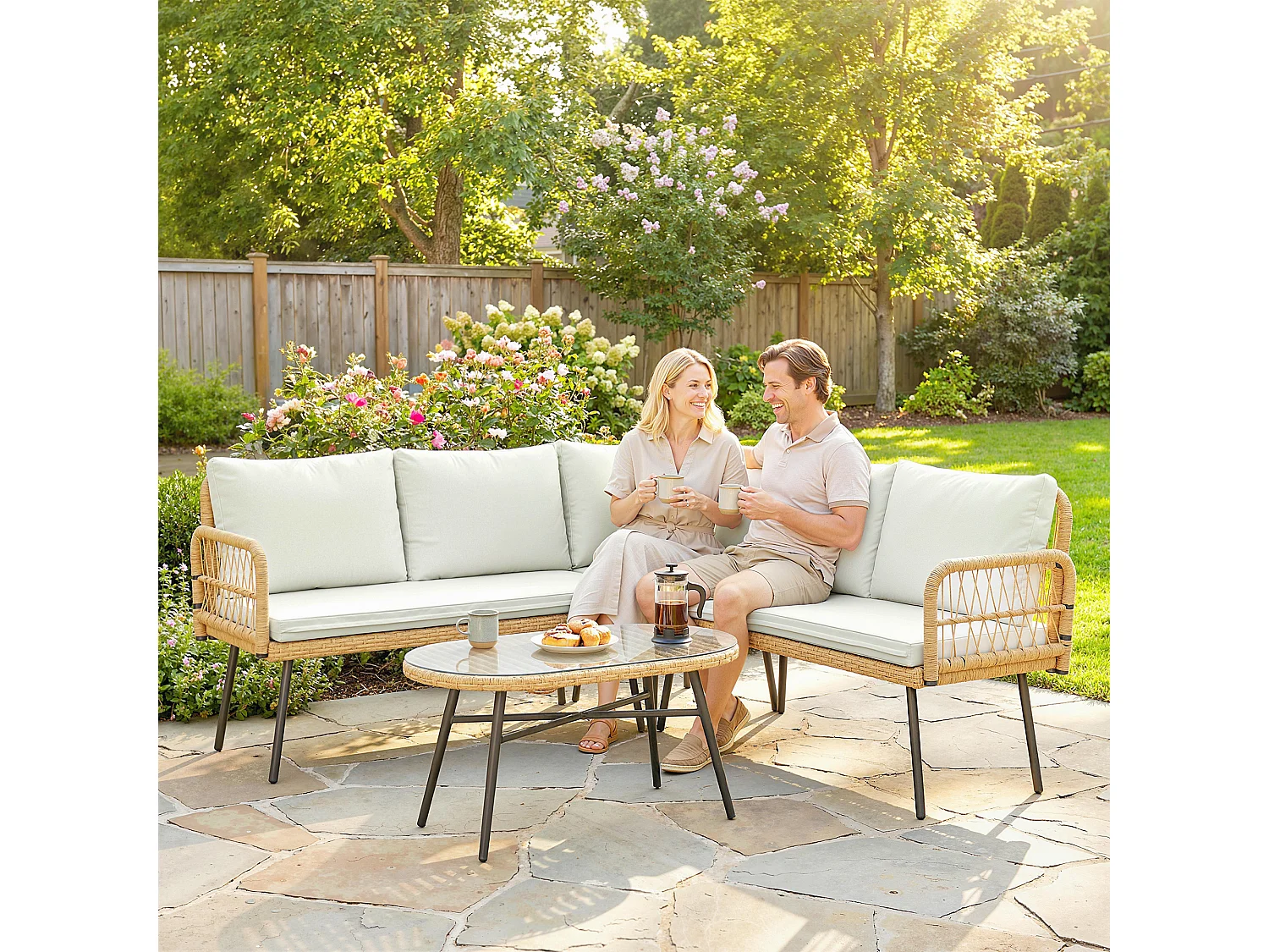 Set da giardino 4pz con 2 divanetti tavolino legno crema