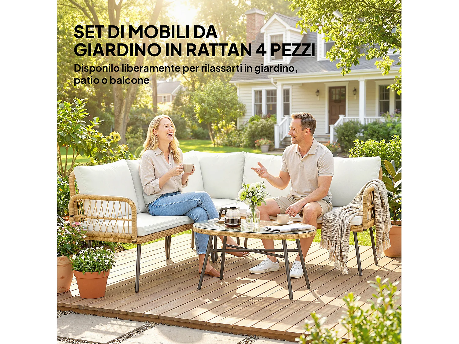 Set da giardino 4pz con 2 divanetti tavolino legno crema