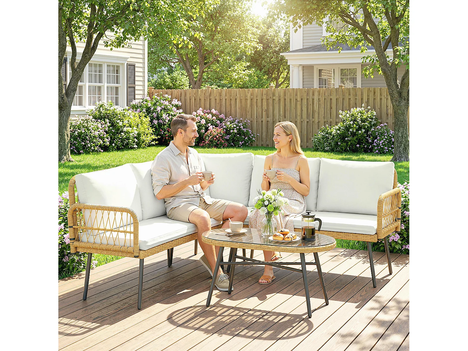 Set da giardino 4pz con 2 divanetti tavolino legno crema