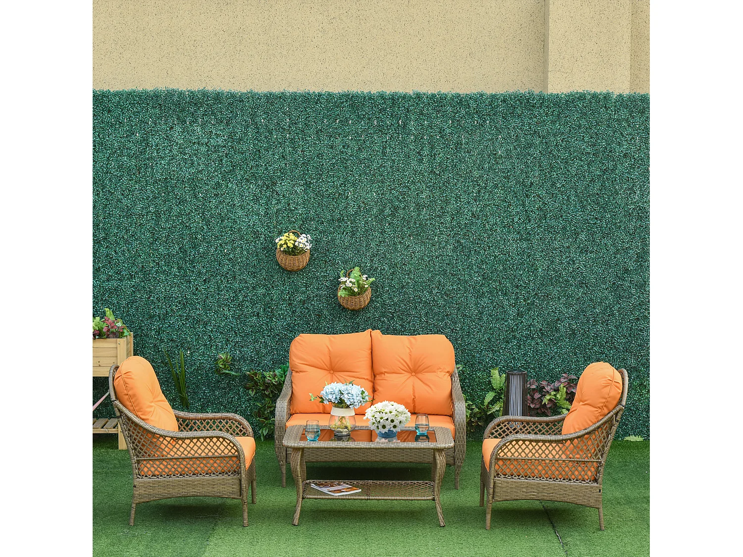 Set Mobili da Giardino in Rattan PE con 2 Poltrone Divano 2 Posti Tavolo e Cuscini