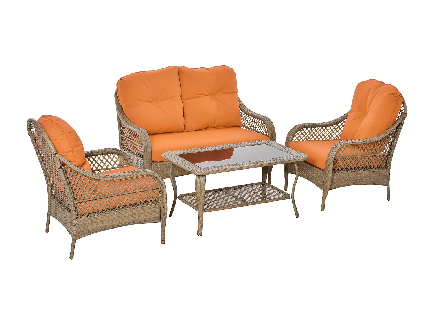Set Mobili da Giardino in Rattan PE con 2 Poltrone Divano 2 Posti Tavolo e Cuscini