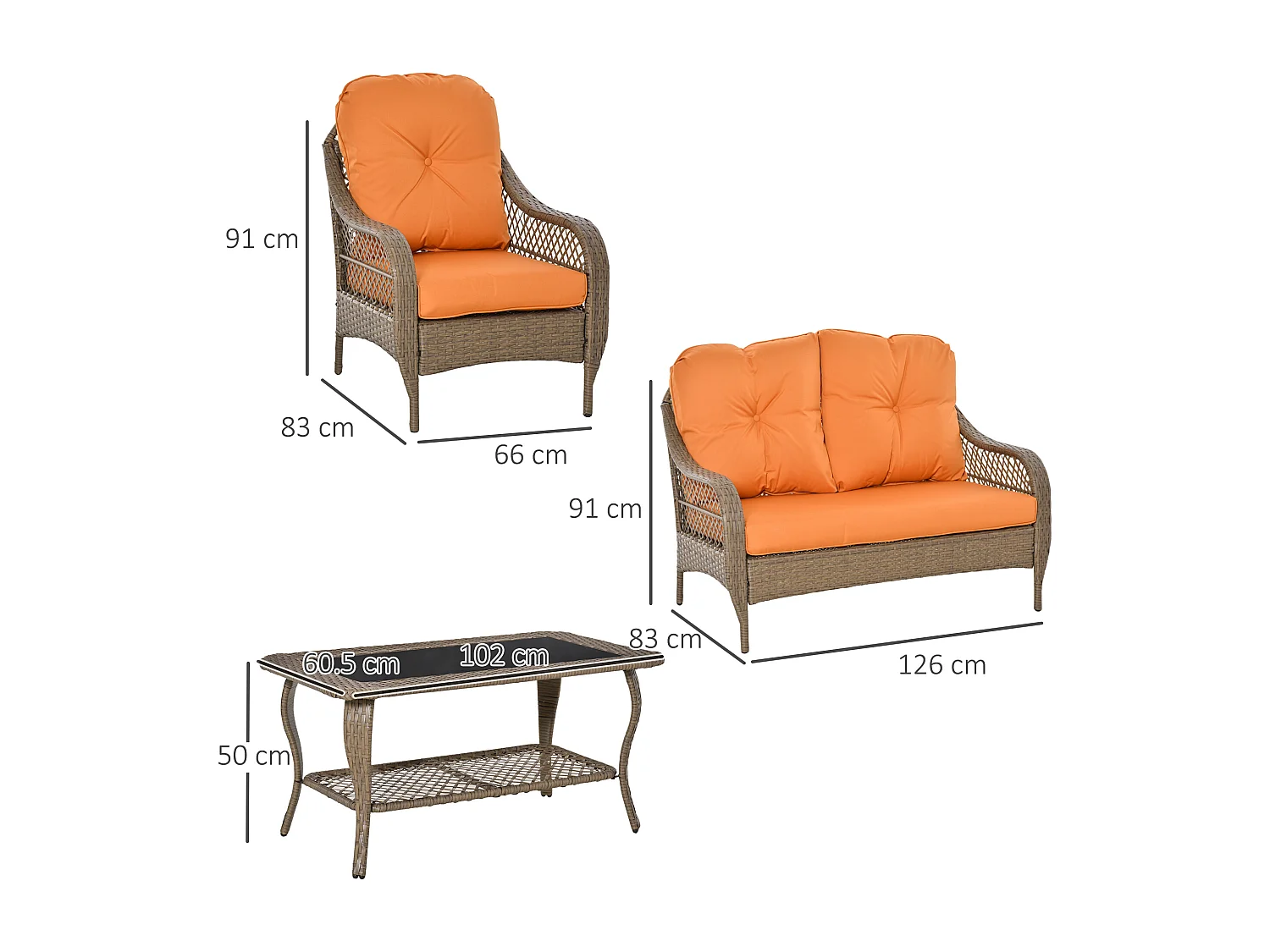 Set Mobili da Giardino in Rattan PE con 2 Poltrone Divano 2 Posti Tavolo e Cuscini