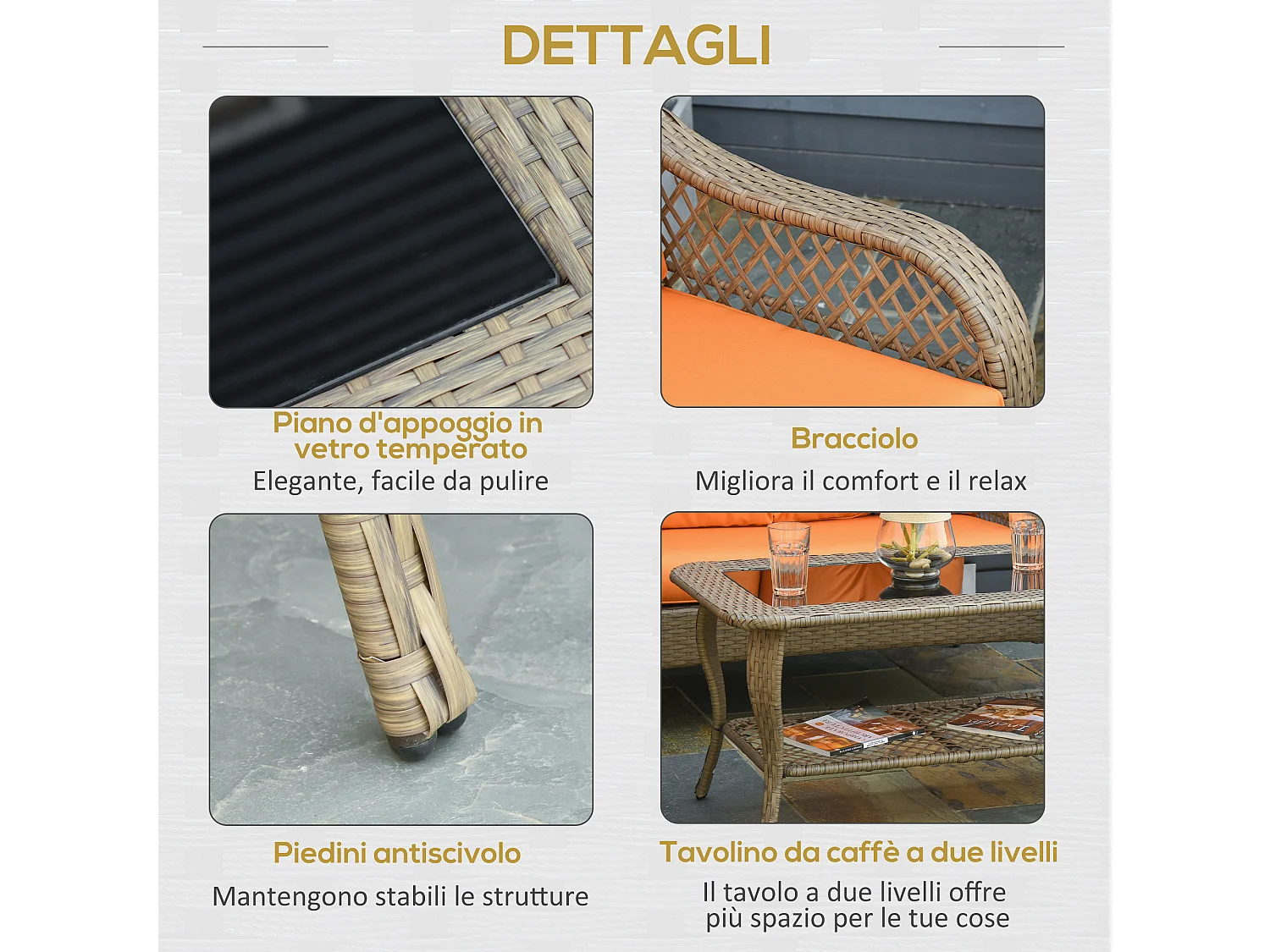 Set Mobili da Giardino in Rattan PE con 2 Poltrone Divano 2 Posti Tavolo e Cuscini