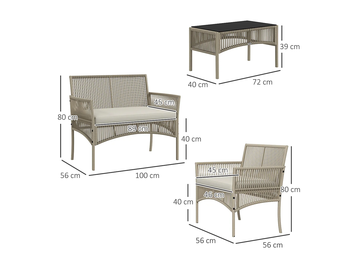 Set da giardino con 2 poltrone divano e tavolino kaki e nero