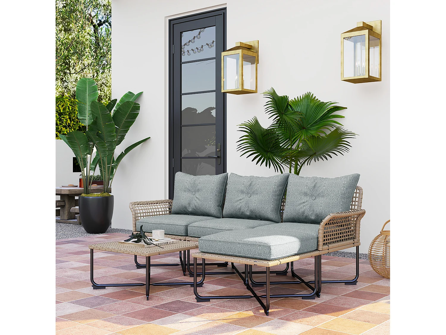 Set da giardino 5pz in rattan con 3 sedie e 2 tavolini grigio e legno