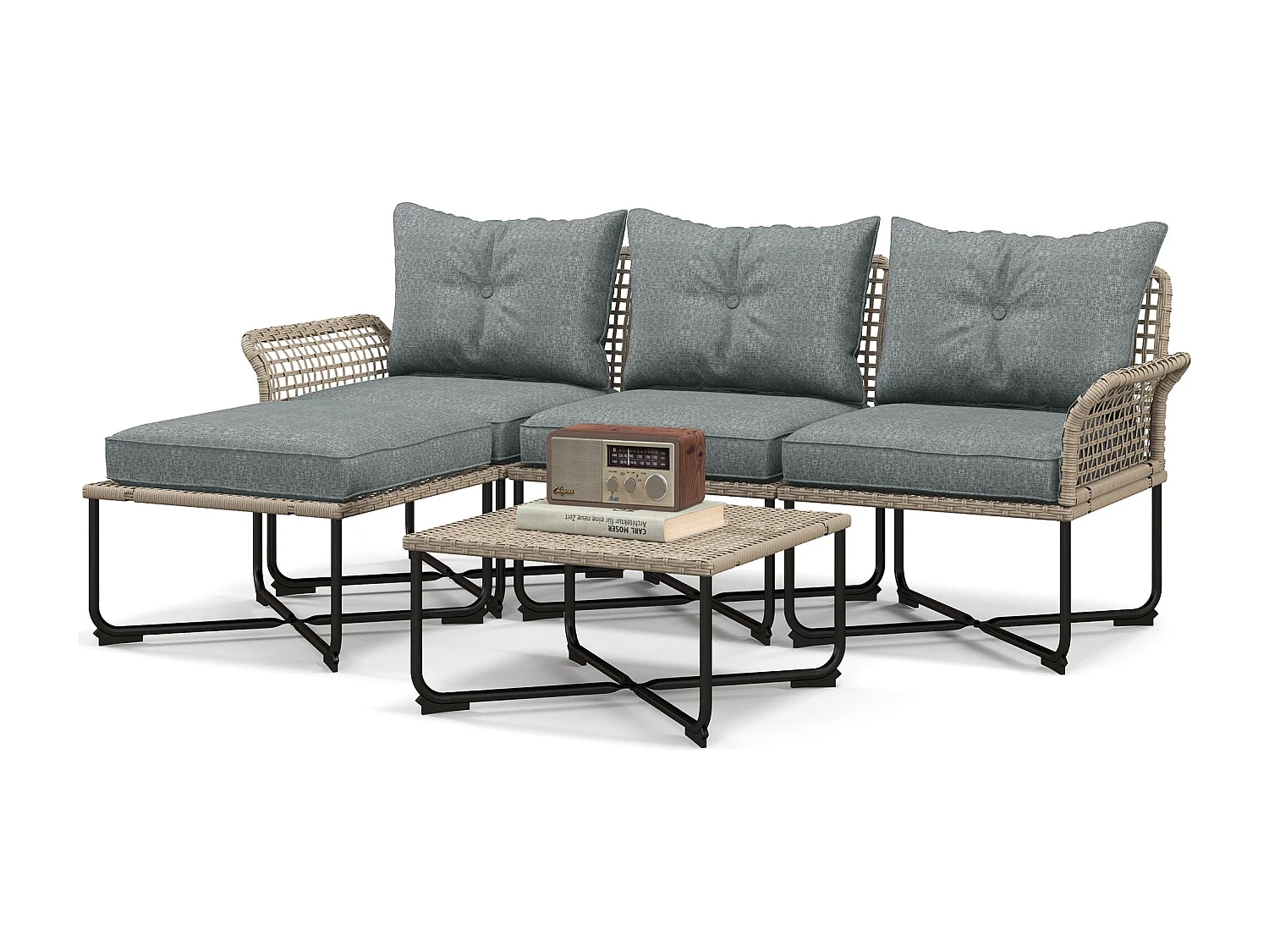 Set da giardino 5pz in rattan con 3 sedie e 2 tavolini grigio e legno