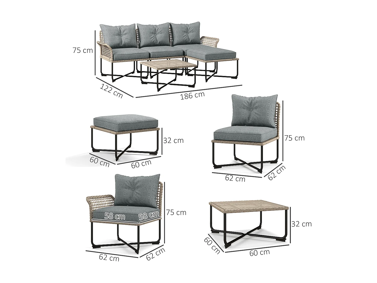 Set da giardino 5pz in rattan con 3 sedie e 2 tavolini grigio e legno