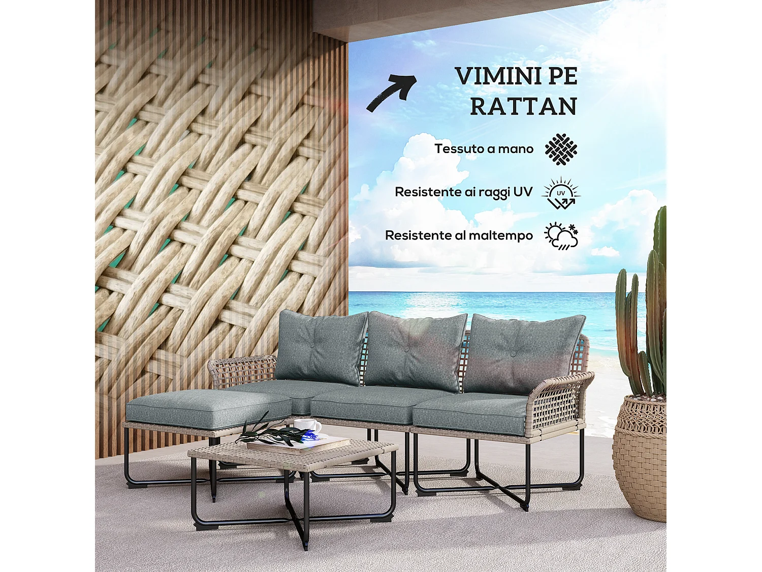 Set da giardino 5pz in rattan con 3 sedie e 2 tavolini grigio e legno