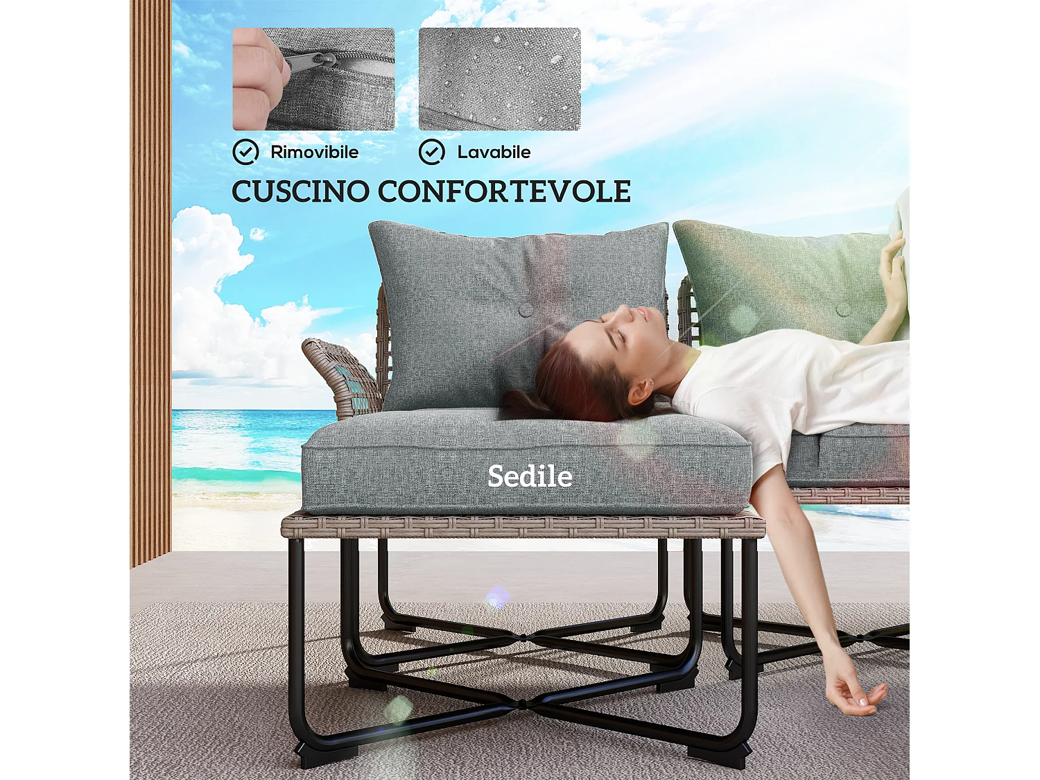 Set da giardino 5pz in rattan con 3 sedie e 2 tavolini grigio e legno